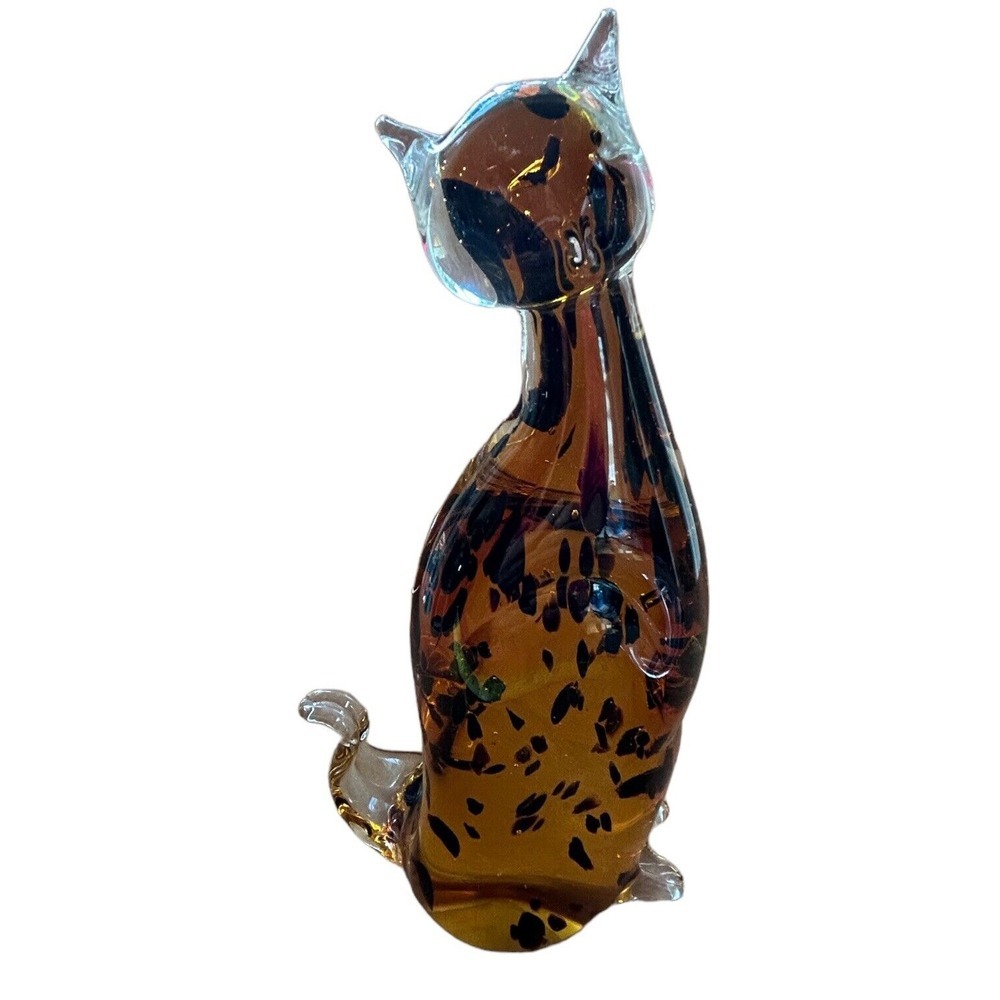 Amber‎ Spotted Crystal Cat Leopard appx 9" Heavy Art Glass Figurine Fifth Avenue